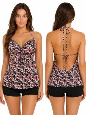Vintage Candies Floral Leopard Trim Tankini Top XL Black Pink Halter Swim Y2K